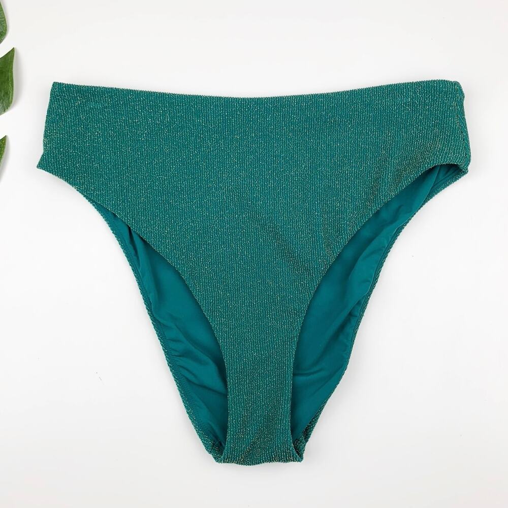 Andie Swim Bikini Bottom High Waist Rise Teal Green Metallic Gold Women's L